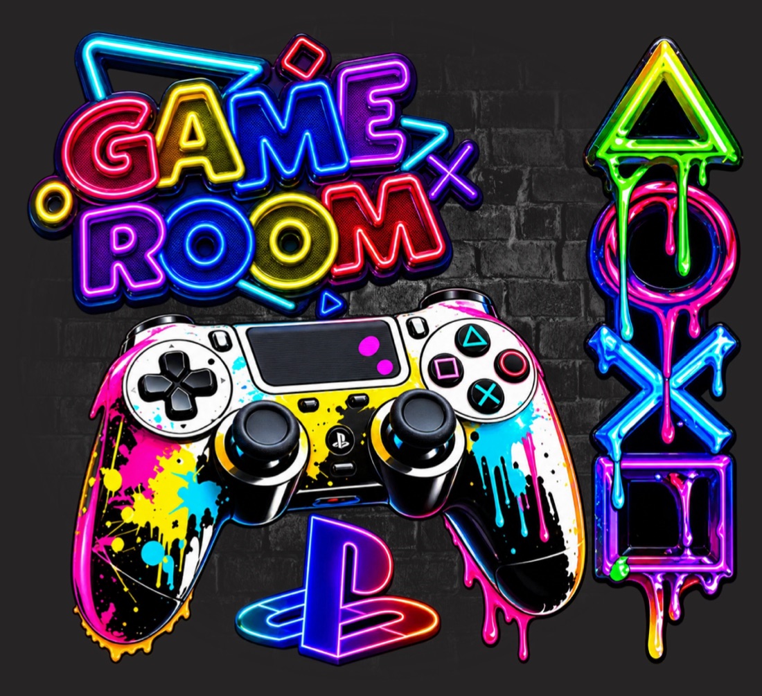 Neon Game Room sign above a paint-splashed PS4 controller and dripping PlayStation shapes.