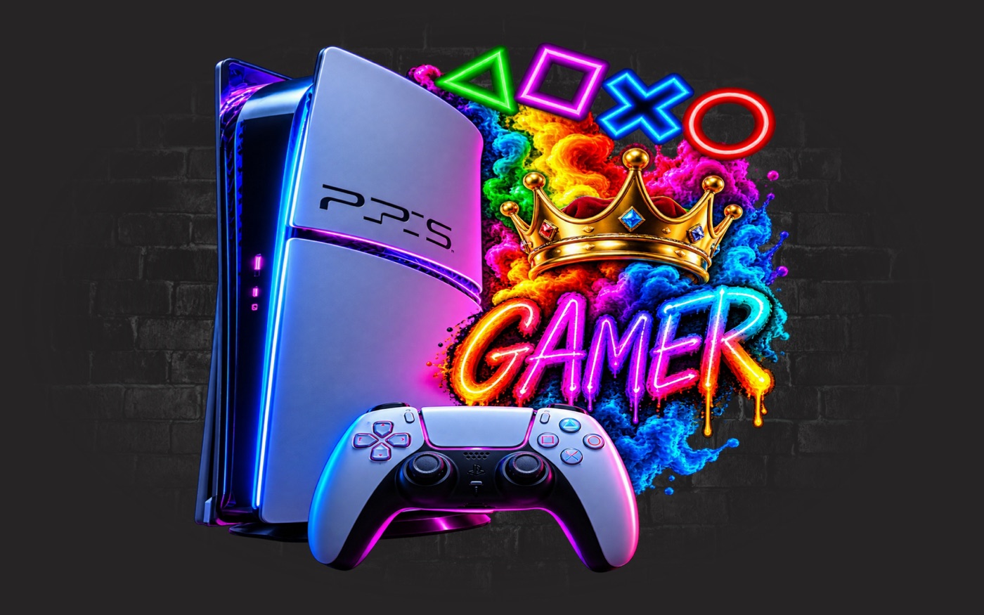 Wall art from the CUE Gaming Arena: a PS5 console and controller beside a gold crown and the word GAMER in neon.